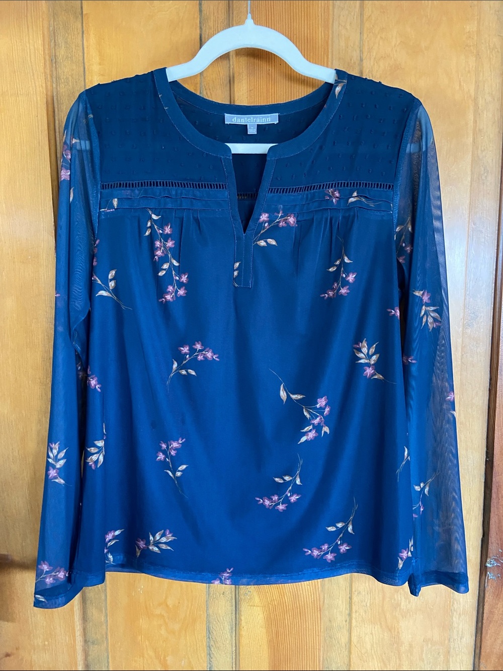 Daniel Rainn Teal Floral Sheer-Sleeve Blouse